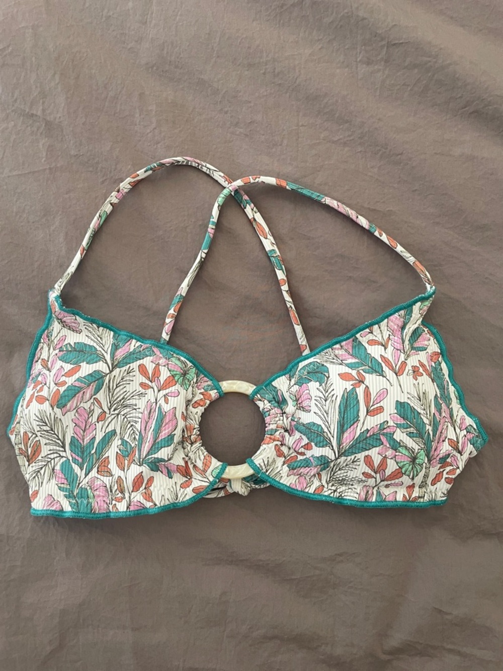 Isabella Rose Floral Ribbed Bandeau Bikini Top size M NWT Tie Back boho swim